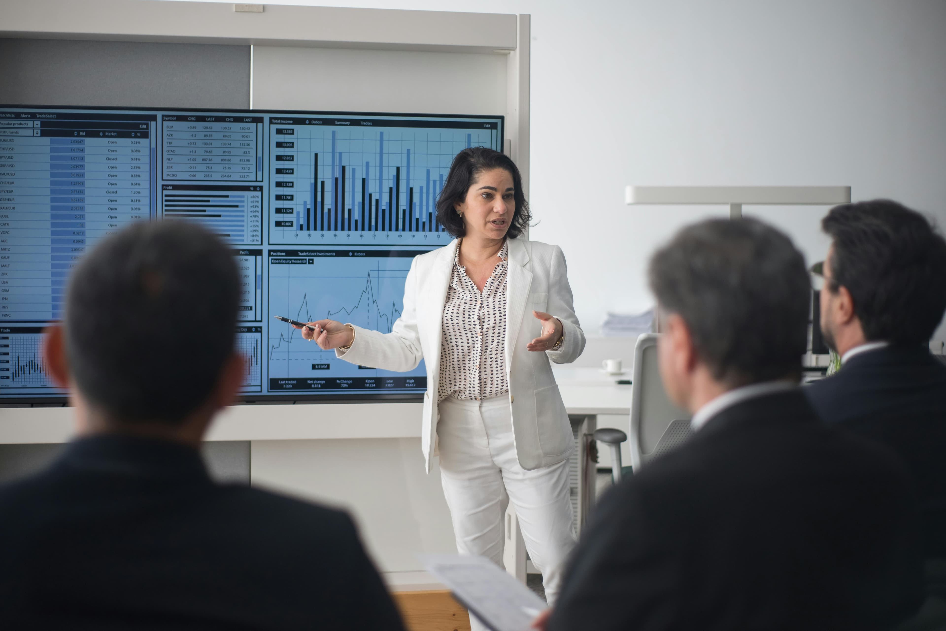 Professional presenting data analysis to team